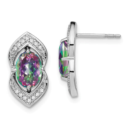 Solid 14k White Gold Mystic Fire Topaz and Simulated CZ Post Earrings