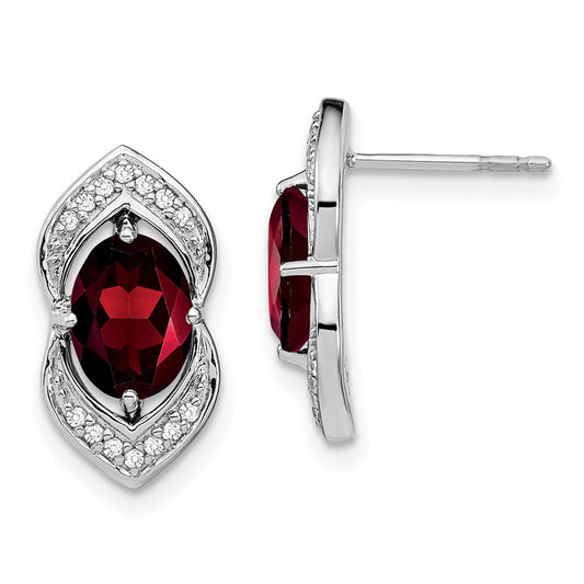 Solid 14k White Gold Simulated Garnet and CZ Post Earrings