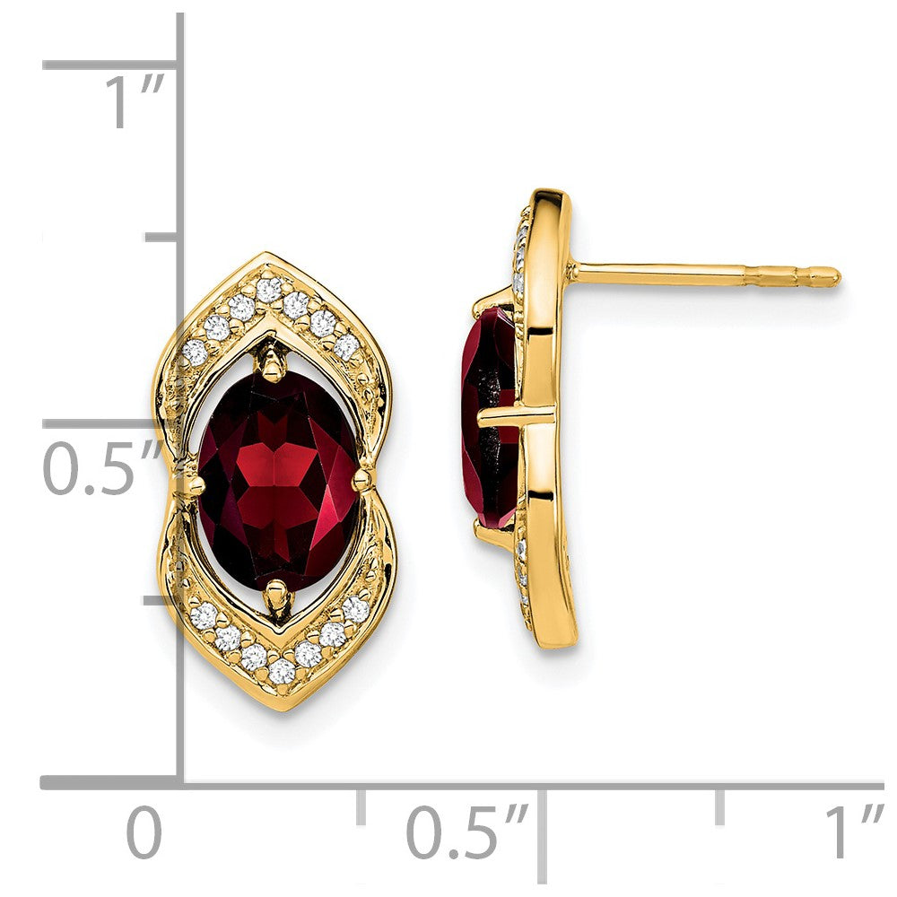 Solid 14k Yellow Gold Simulated Garnet and CZ Post Earrings