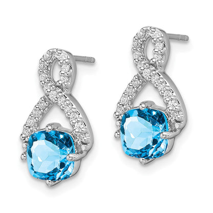 Solid 14k White Gold Simulated Blue Topaz and CZ Earrings