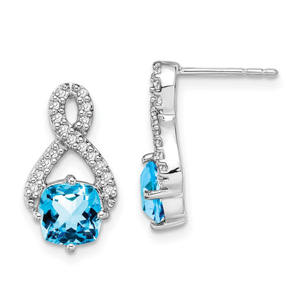 Solid 14k White Gold Simulated Blue Topaz and CZ Earrings