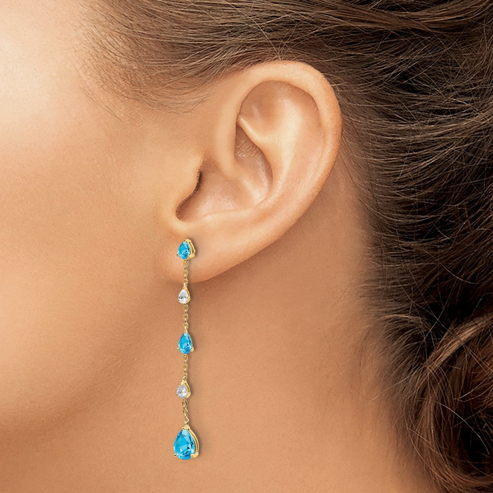 14k Yellow Gold Blue Topaz and White Topaz Dangle Earrings