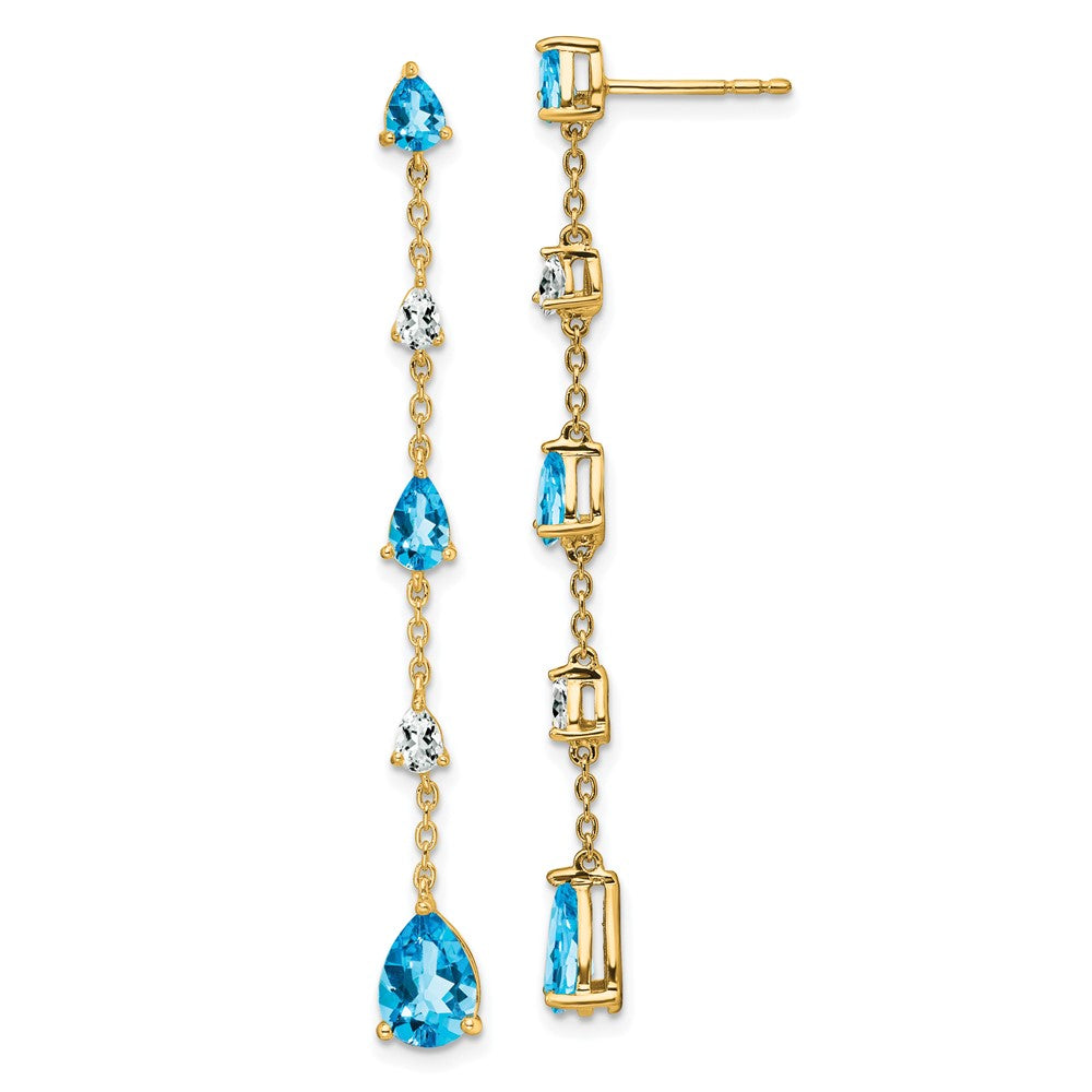 Solid 14k Yellow Gold Simulated Blue Topaz and White Dangle Earrings