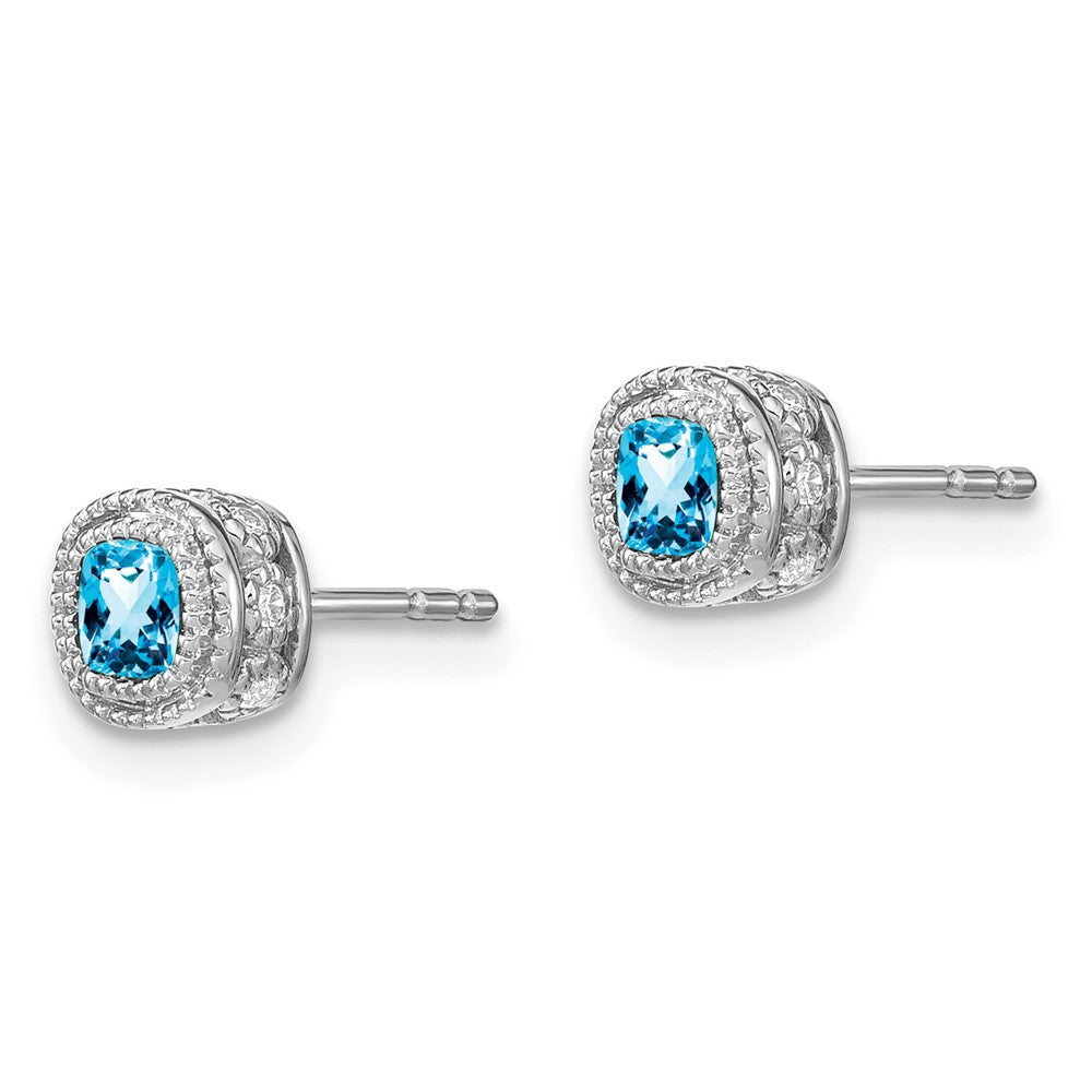 Solid 14k White Gold Cushion Simulated Blue Topaz and CZ Earrings