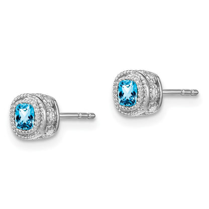 Solid 14k White Gold Cushion Simulated Blue Topaz and CZ Earrings