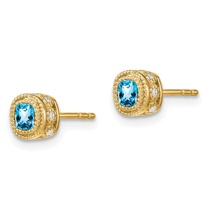 Solid 14k Yellow Gold Cushion Simulated Blue Topaz and CZ Earrings