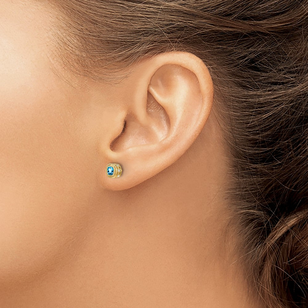 Solid 14k Yellow Gold Cushion Simulated Blue Topaz and CZ Earrings