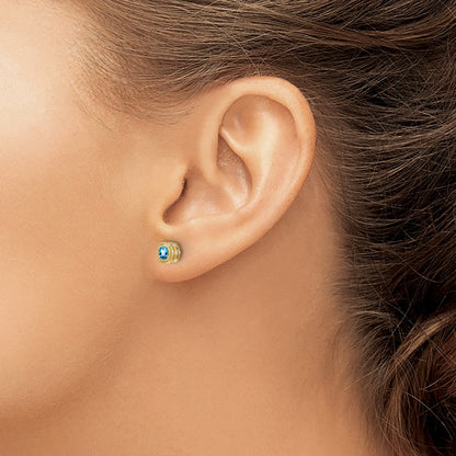 Solid 14k Yellow Gold Cushion Simulated Blue Topaz and CZ Earrings