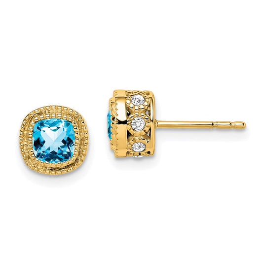 14k Yellow Gold Cushion Blue Topaz and Real Diamond Earrings EM7092-BT-019-YA
