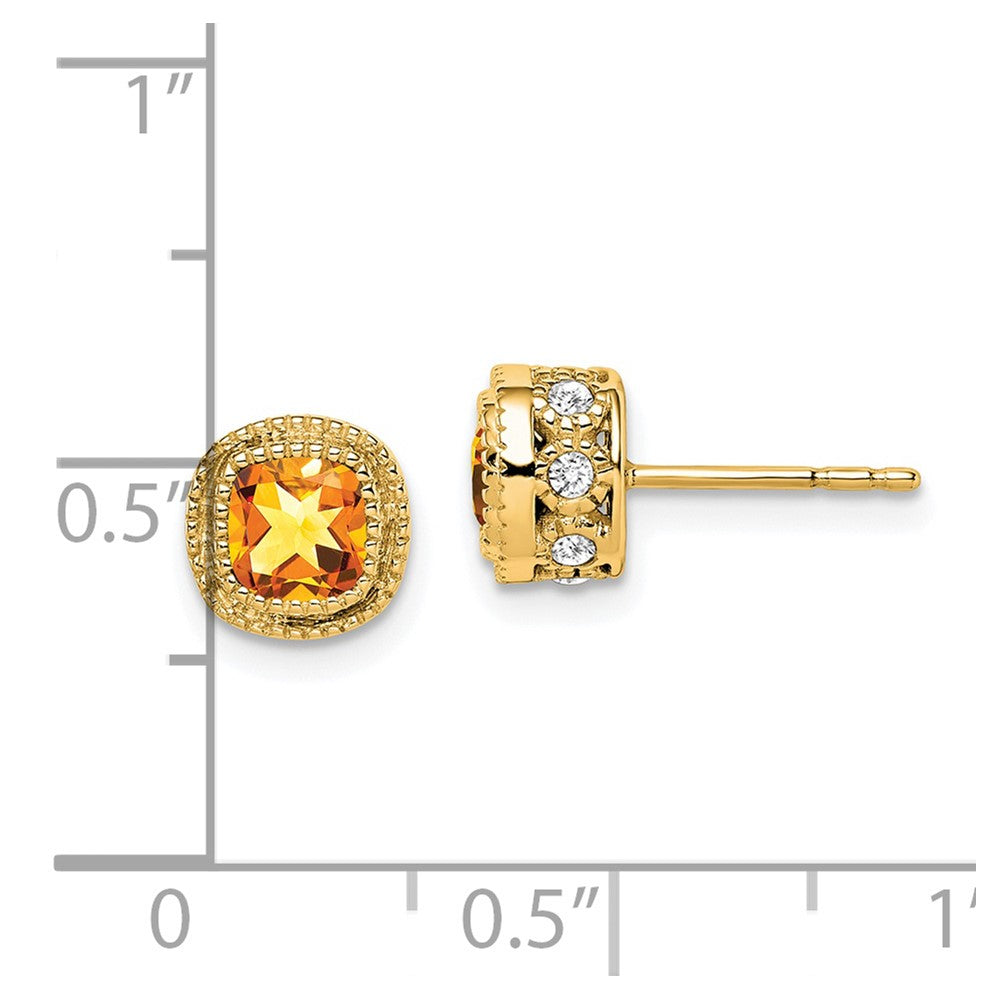Solid 14k Yellow Gold Cushion Simulated Citrine and CZ Earrings