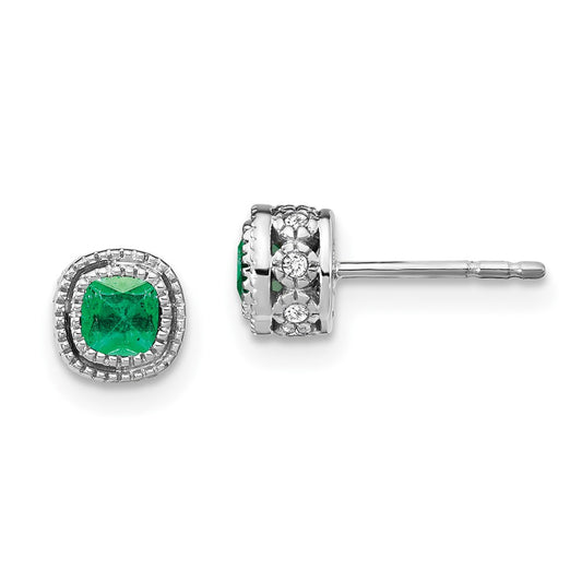 Solid 14k White Gold Simulated Emerald and CZ Earrings