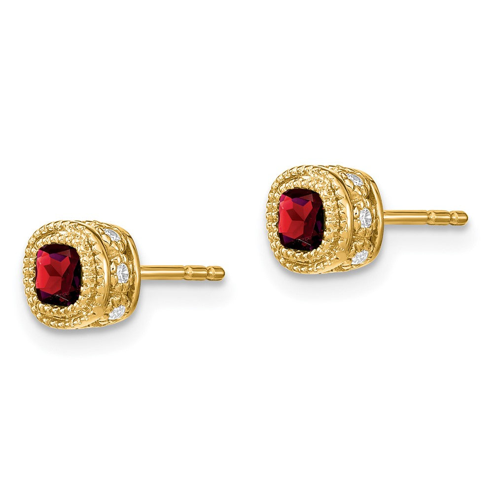 Solid 14k Yellow Gold Cushion Simulated Garnet and CZ Earrings