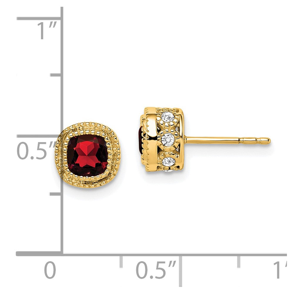 Solid 14k Yellow Gold Cushion Simulated Garnet and CZ Earrings