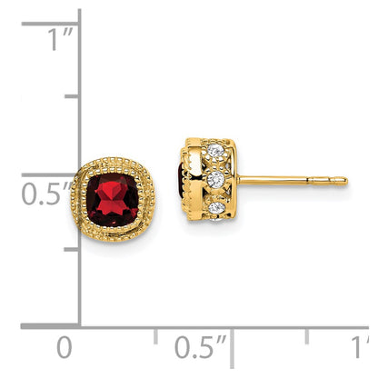 Solid 14k Yellow Gold Cushion Simulated Garnet and CZ Earrings