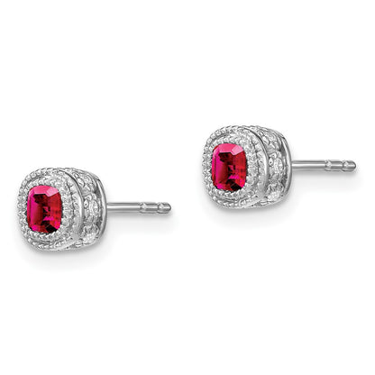 Solid 14k White Gold Cushion Simulated Ruby and CZ Earrings