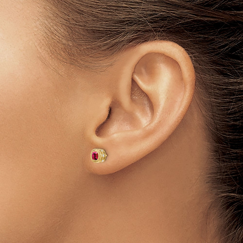 Solid 14k Yellow Gold Cushion Simulated Ruby and CZ Earrings
