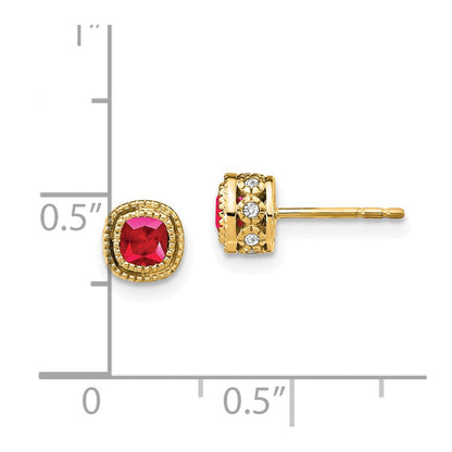 Solid 14k Yellow Gold Cushion Simulated Ruby and CZ Earrings