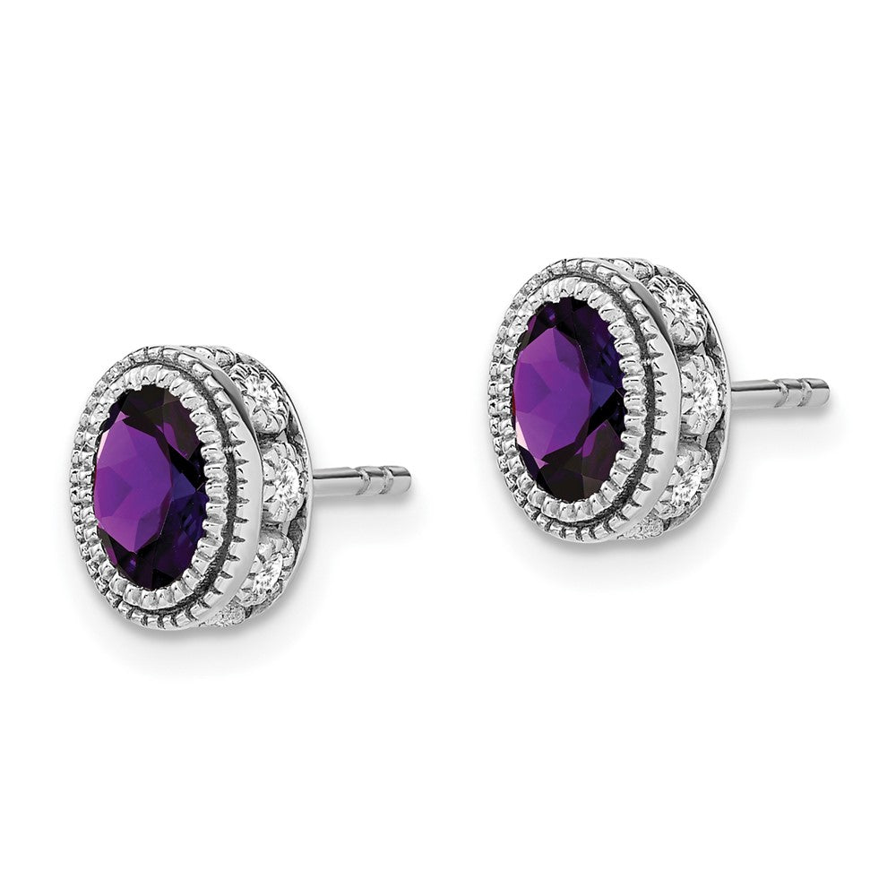 Solid 14k White Gold Oval Simulated Amethyst and CZ Earrings