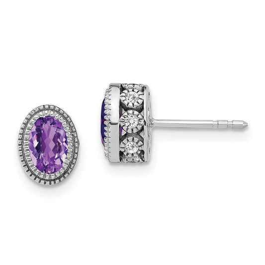 Solid 14k White Gold Oval Simulated Amethyst and CZ Earrings