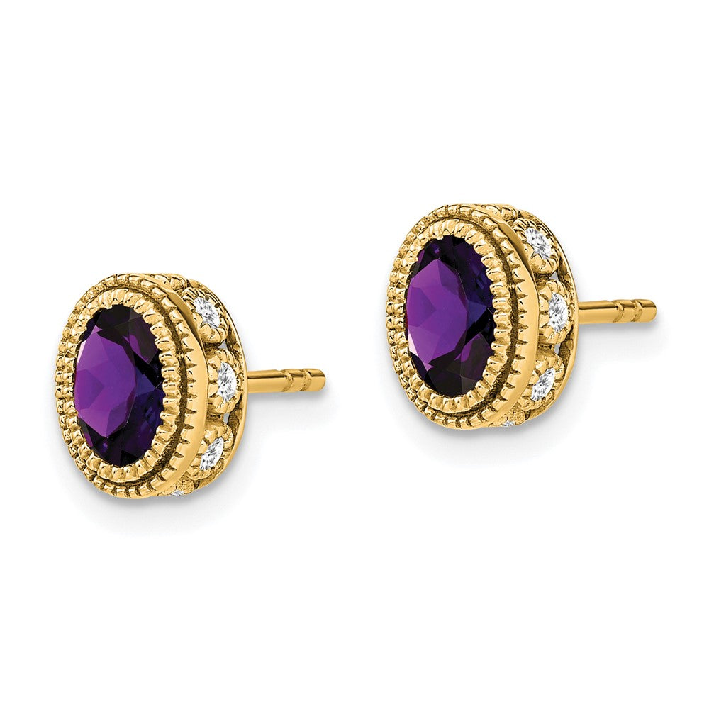 Solid 14k Yellow Gold Oval Simulated Amethyst and CZ Earrings
