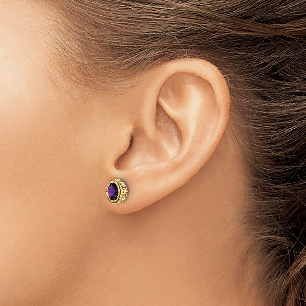 Solid 14k Yellow Gold Oval Simulated Amethyst and CZ Earrings
