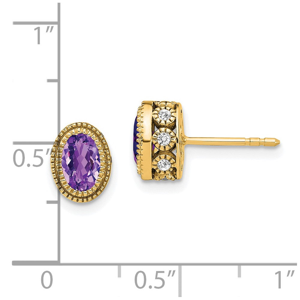 Solid 14k Yellow Gold Oval Simulated Amethyst and CZ Earrings