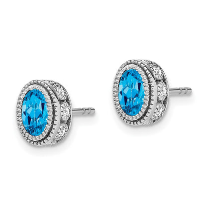 Solid 14k White Gold Oval Simulated Blue Topaz and CZ Earrings