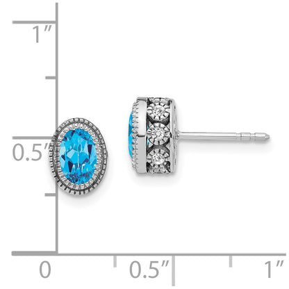 Solid 14k White Gold Oval Simulated Blue Topaz and CZ Earrings