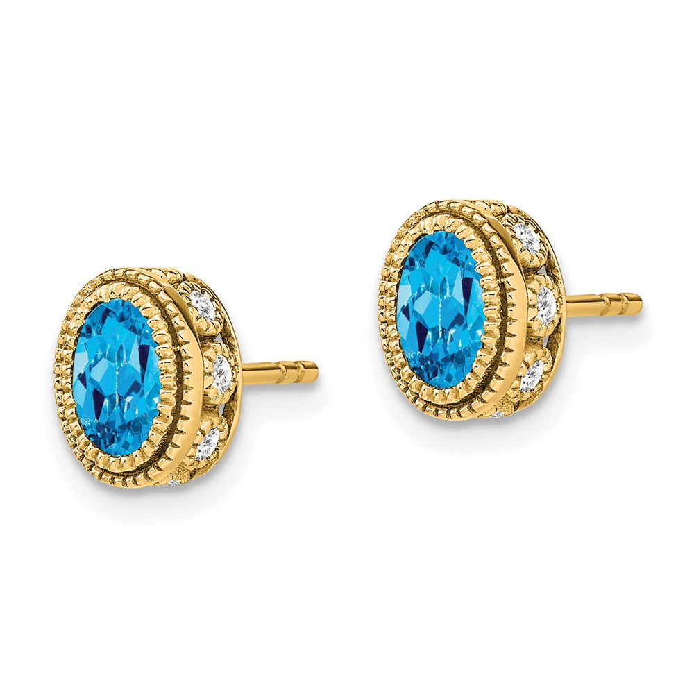 Solid 14k Yellow Gold Oval Simulated Blue Topaz and CZ Earrings