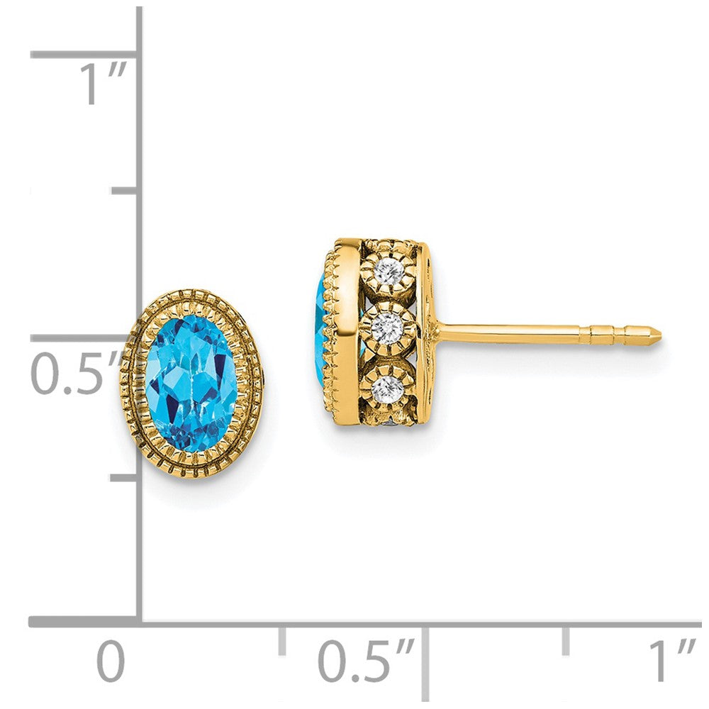 Solid 14k Yellow Gold Oval Simulated Blue Topaz and CZ Earrings