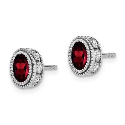 Solid 14k White Gold Oval Simulated Garnet and CZ Earrings