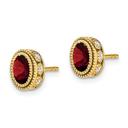 Solid 14k Yellow Gold Oval Simulated Garnet and CZ Earrings
