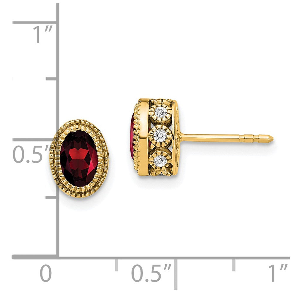 Solid 14k Yellow Gold Oval Simulated Garnet and CZ Earrings