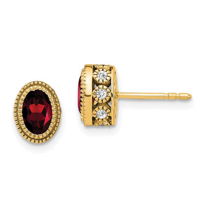 Solid 14k Yellow Gold Oval Simulated Garnet and CZ Earrings