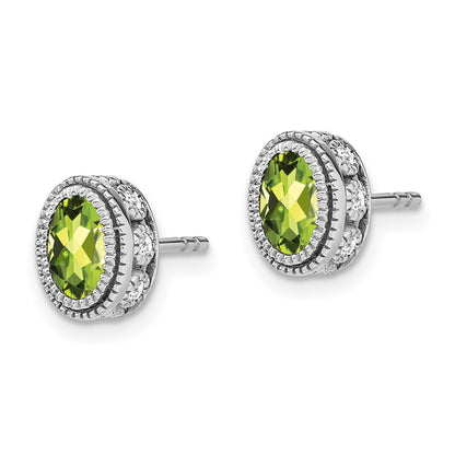 Solid 14k White Gold Oval Simulated Peridot and CZ Earrings