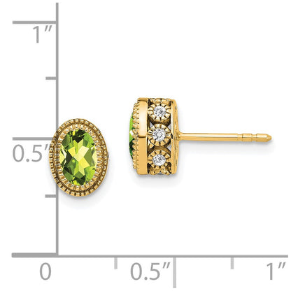 Solid 14k Yellow Gold Oval Simulated Peridot and CZ Earrings