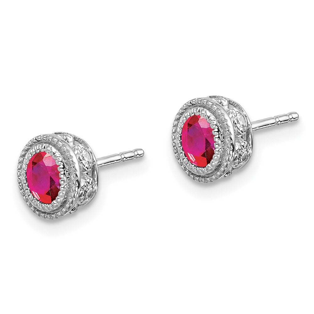 Solid 14k White Gold Simulated Ruby and CZ Earrings