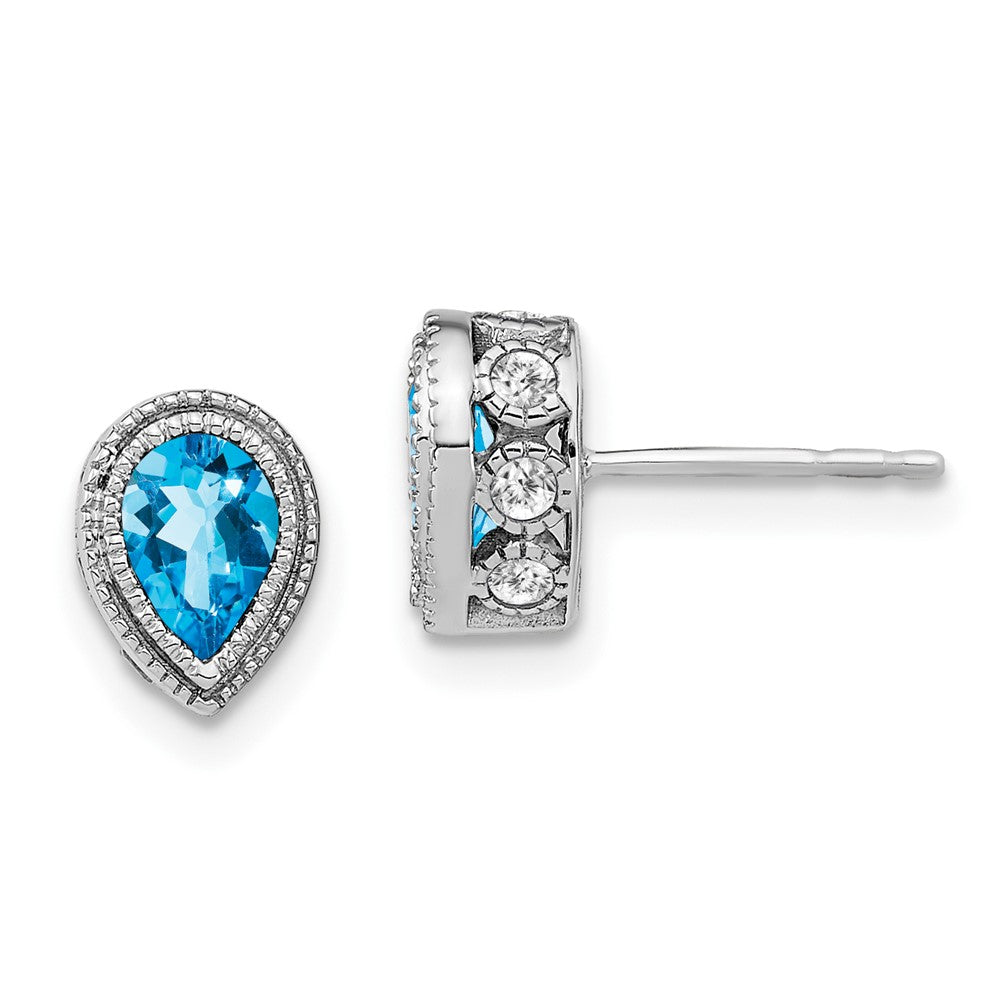 Solid 14k White Gold Pear Simulated Blue Topaz and CZ Earrings