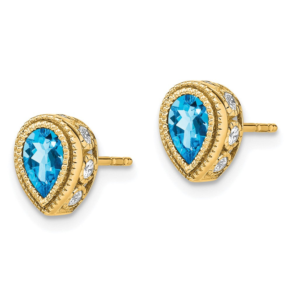 Solid 14k Yellow Gold Pear Simulated Blue Topaz and CZ Earrings