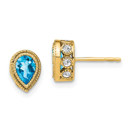 Solid 14k Yellow Gold Pear Simulated Blue Topaz and CZ Earrings
