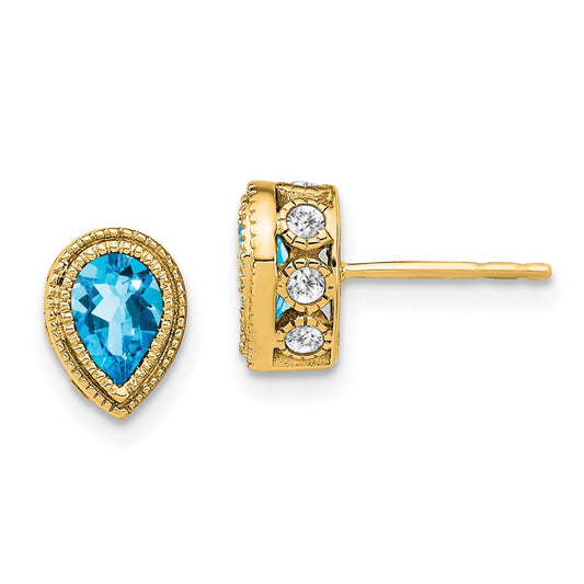 Solid 14k Yellow Gold Pear Simulated Blue Topaz and CZ Earrings