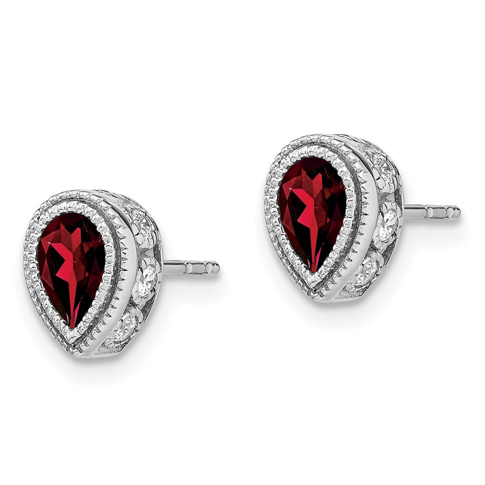 Solid 14k White Gold Pear Simulated Garnet and CZ Earrings