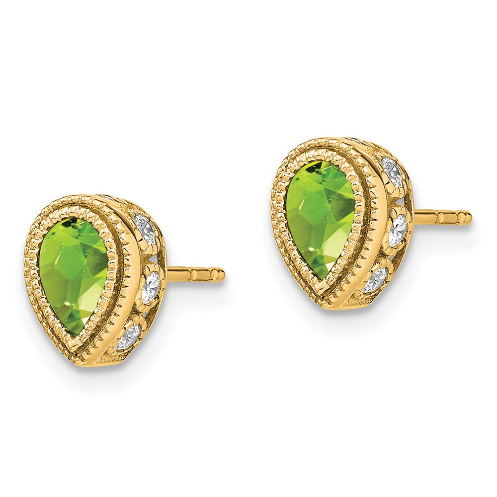 Solid 14k Yellow Gold Pear Simulated Peridot and CZ Earrings