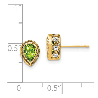 Solid 14k Yellow Gold Pear Simulated Peridot and CZ Earrings