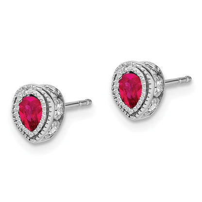 Solid 14k White Gold Simulated Ruby and CZ Earrings