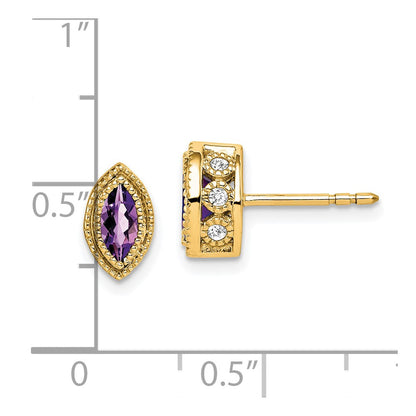 Solid 14k Yellow Gold Marquise Simulated Amethyst and CZ Earrings