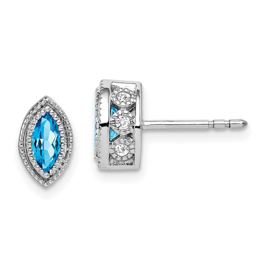 Solid 14k White Gold Marquise Simulated Blue Topaz and CZ Earrings