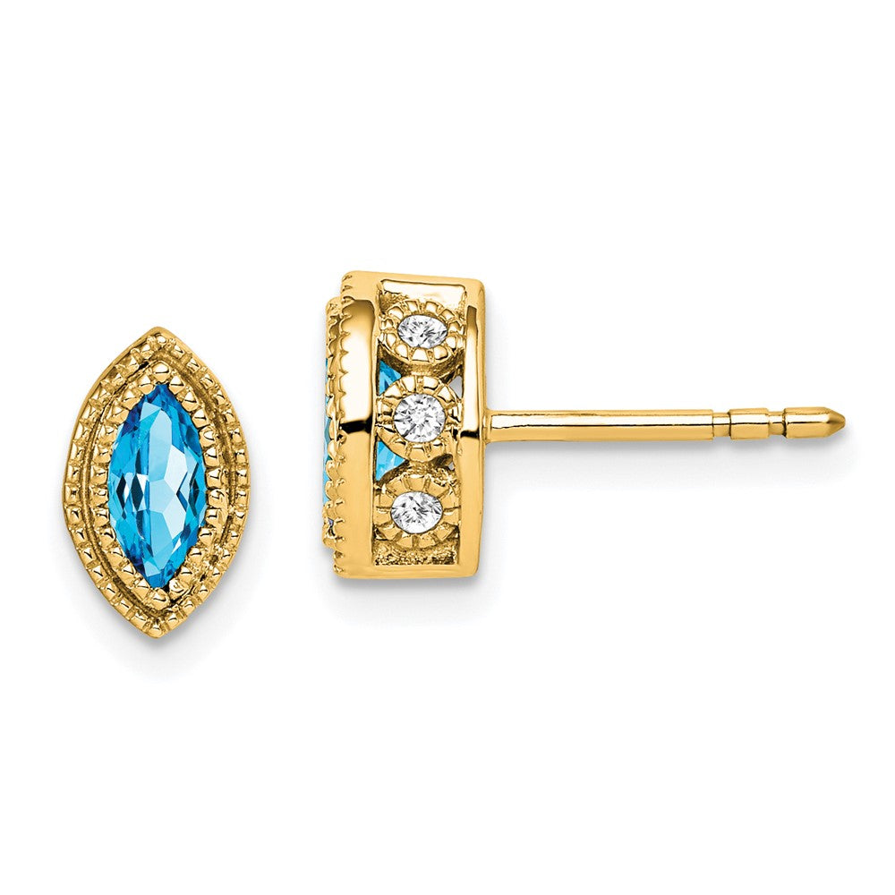 Solid 14k Yellow Gold Marquise Simulated Blue Topaz and CZ Earrings