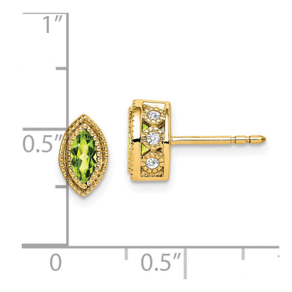 Solid 14k Yellow Gold Marquise Simulated Peridot and CZ Earrings