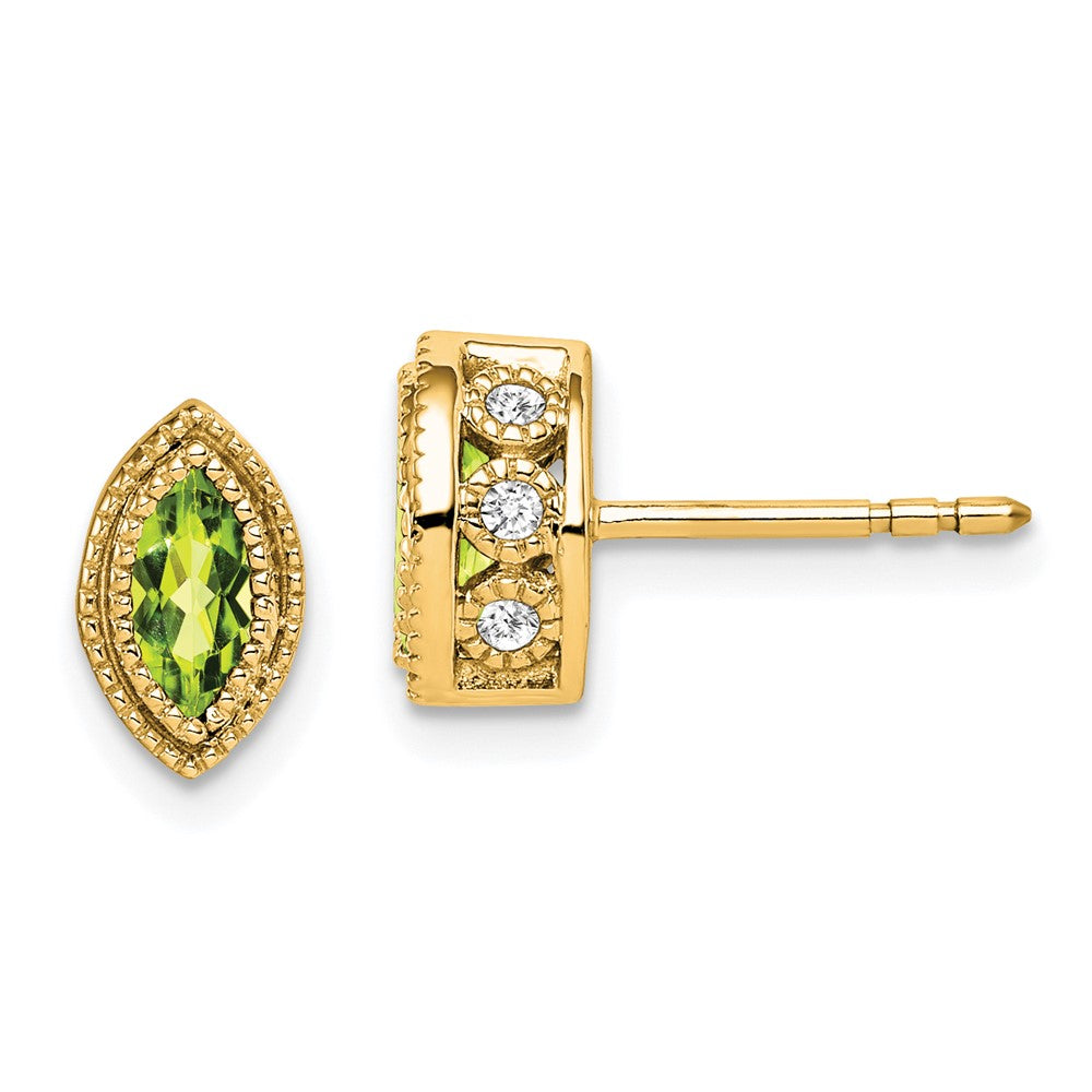 Solid 14k Yellow Gold Marquise Simulated Peridot and CZ Earrings